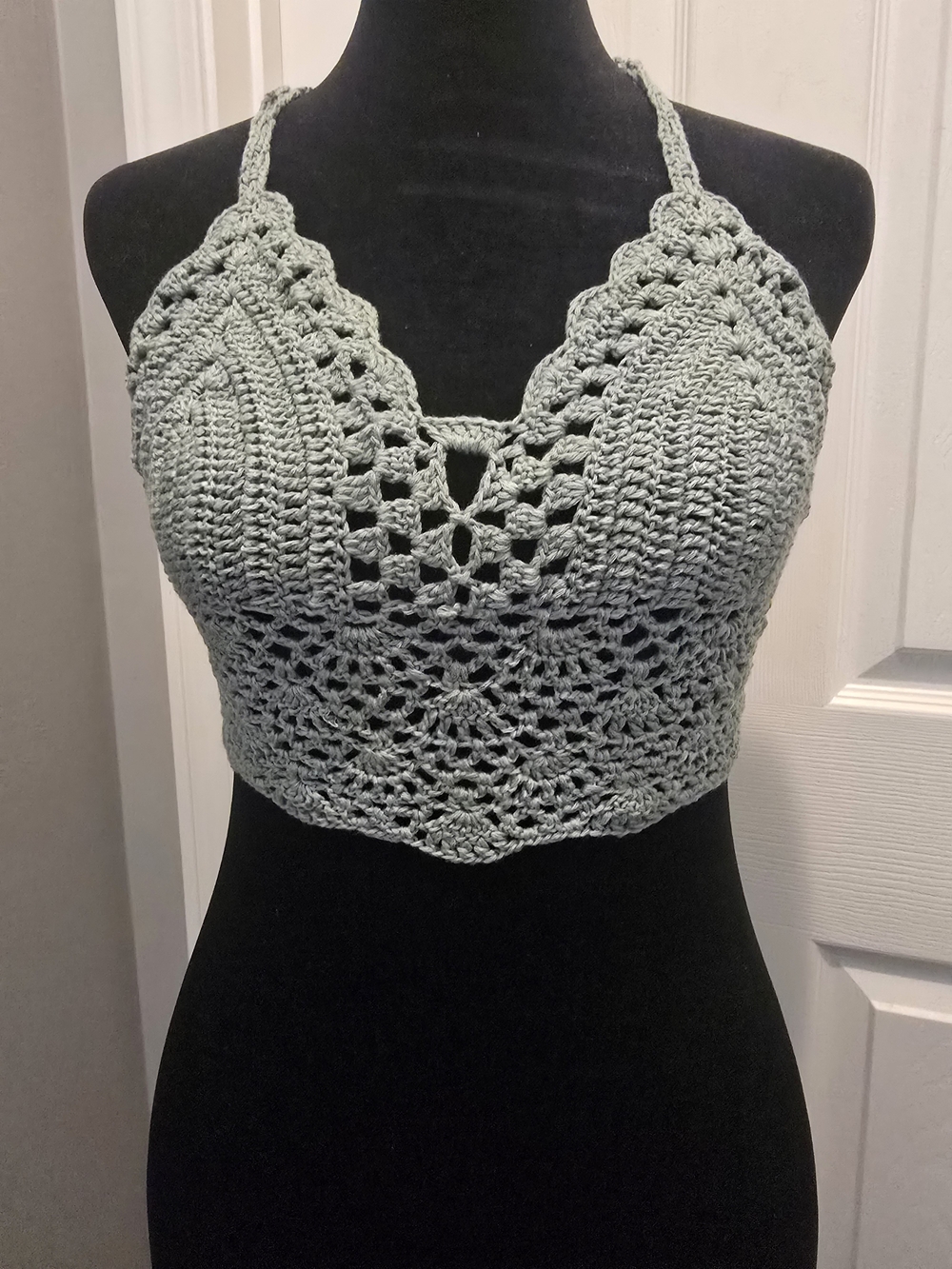 Handmade Crochet Halter Bralette in Sage Green